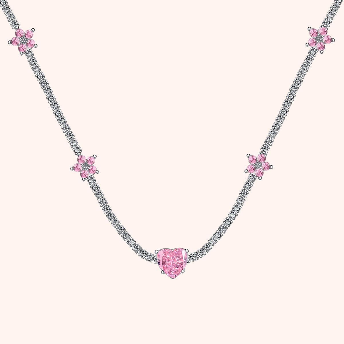 Silver Victoria Pink Heart & Flower Necklace