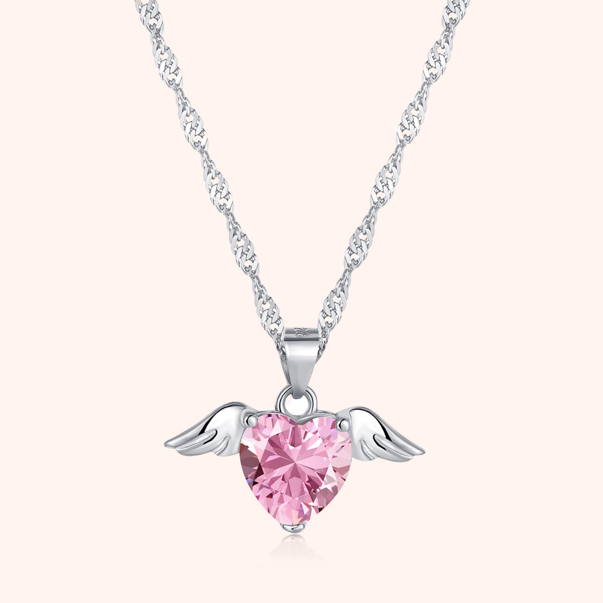 Silver Victoria Pink Heart Angel Pendant With Link Chain