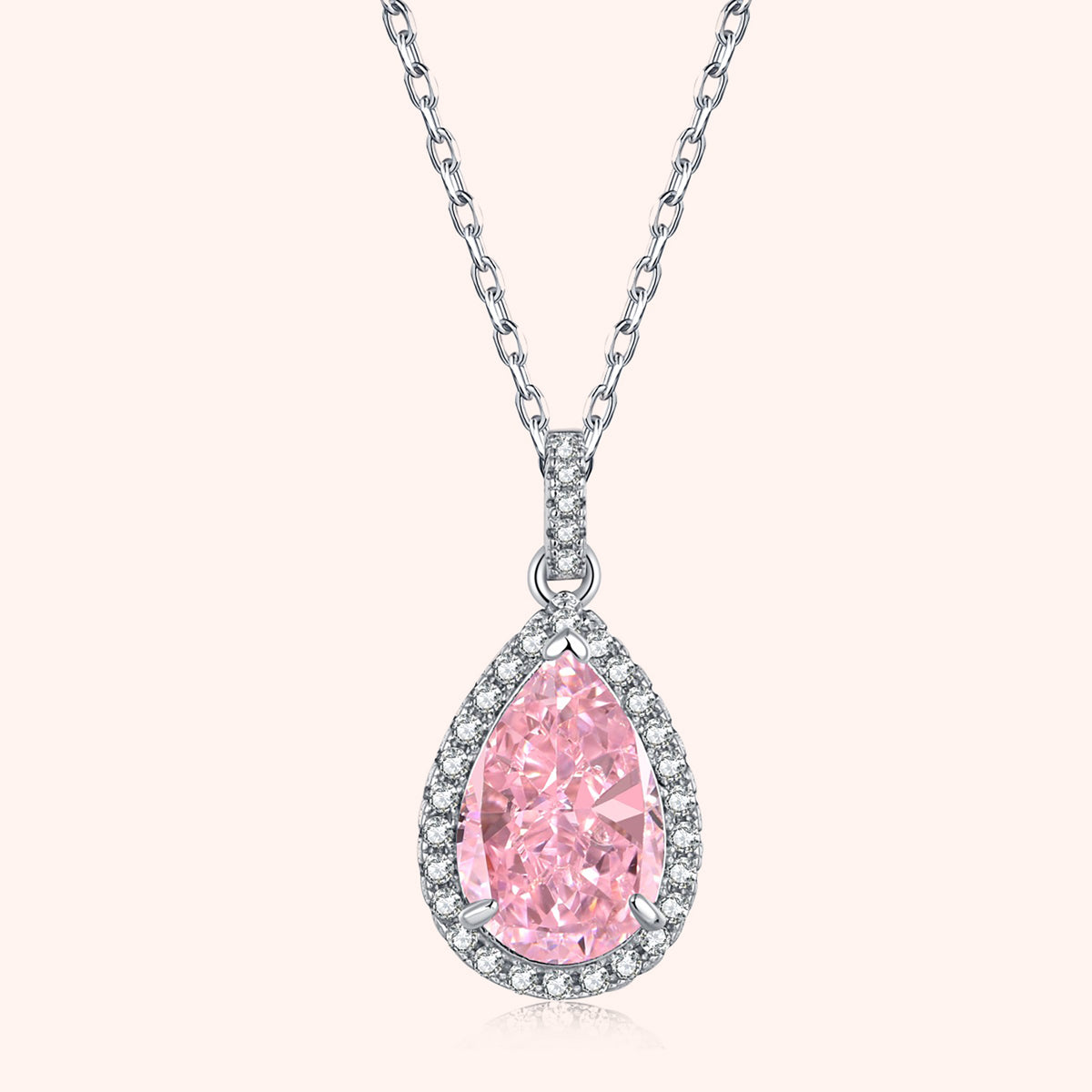 Silver Victoria Pink Pear Pendant With Link Chain
