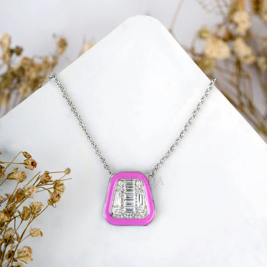 Pink Enamel Silver Zircon Chain & Pendant