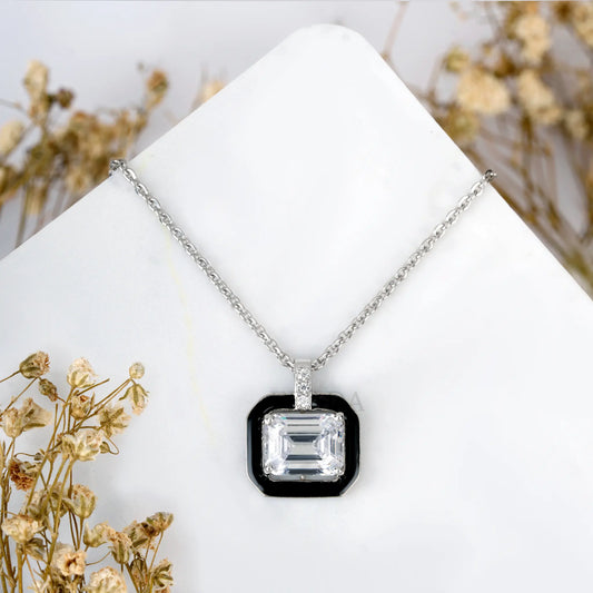 Black Enamel Emerald Silver Zircon Chain & Pendant