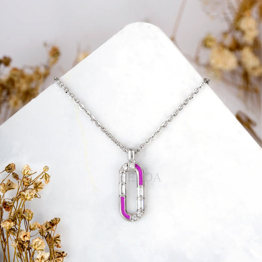 Pink Enamel Baguette Silver Zircon Chain & Pendant
