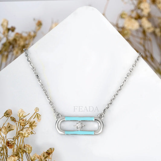 Blue Enamel Silver Zircon Chain & Pendant