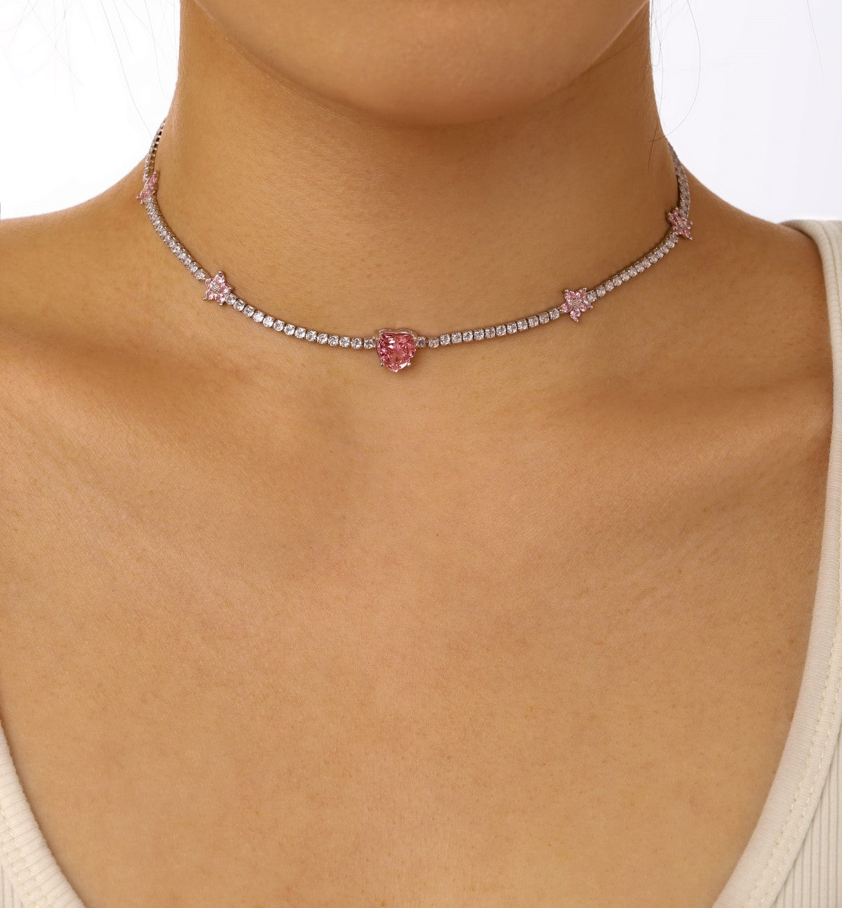 Silver Victoria Pink Heart & Flower Necklace