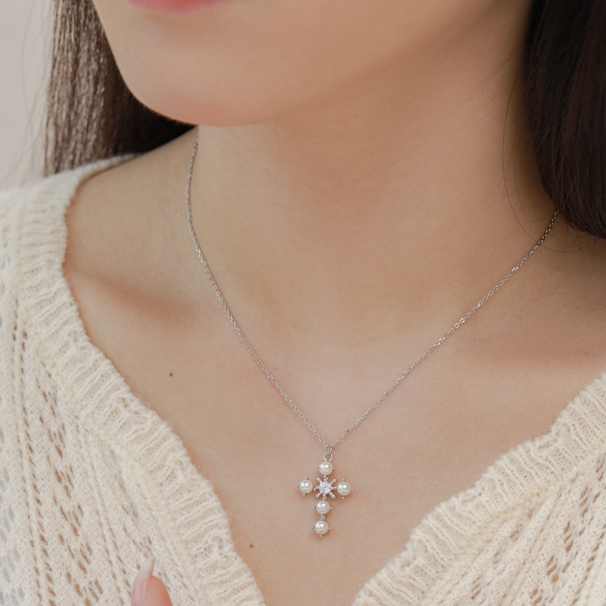 Silver Mother Of Pearl Cross Necklace