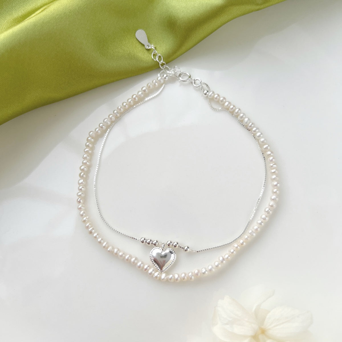 Silver Mother Of Pearl Heart Anklet