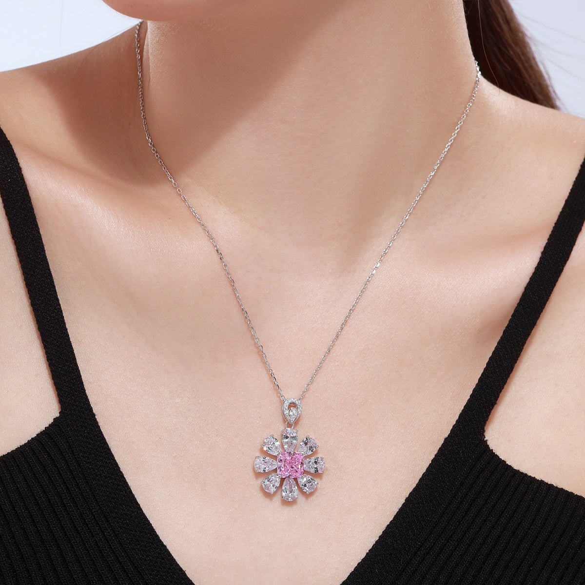 Silver Victoria Pink Flower Pendant With Chain
