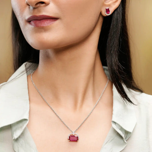 Ruby Red Gemstone Jewelry Set – Emerald Cut Necklace & Earrings in Silver with Diamond Half Halo