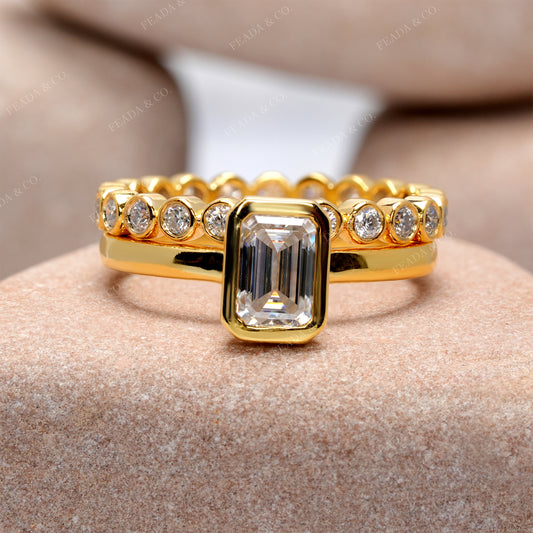 2.1 CT Emerald, Round Cut Colorless Engagement Ring