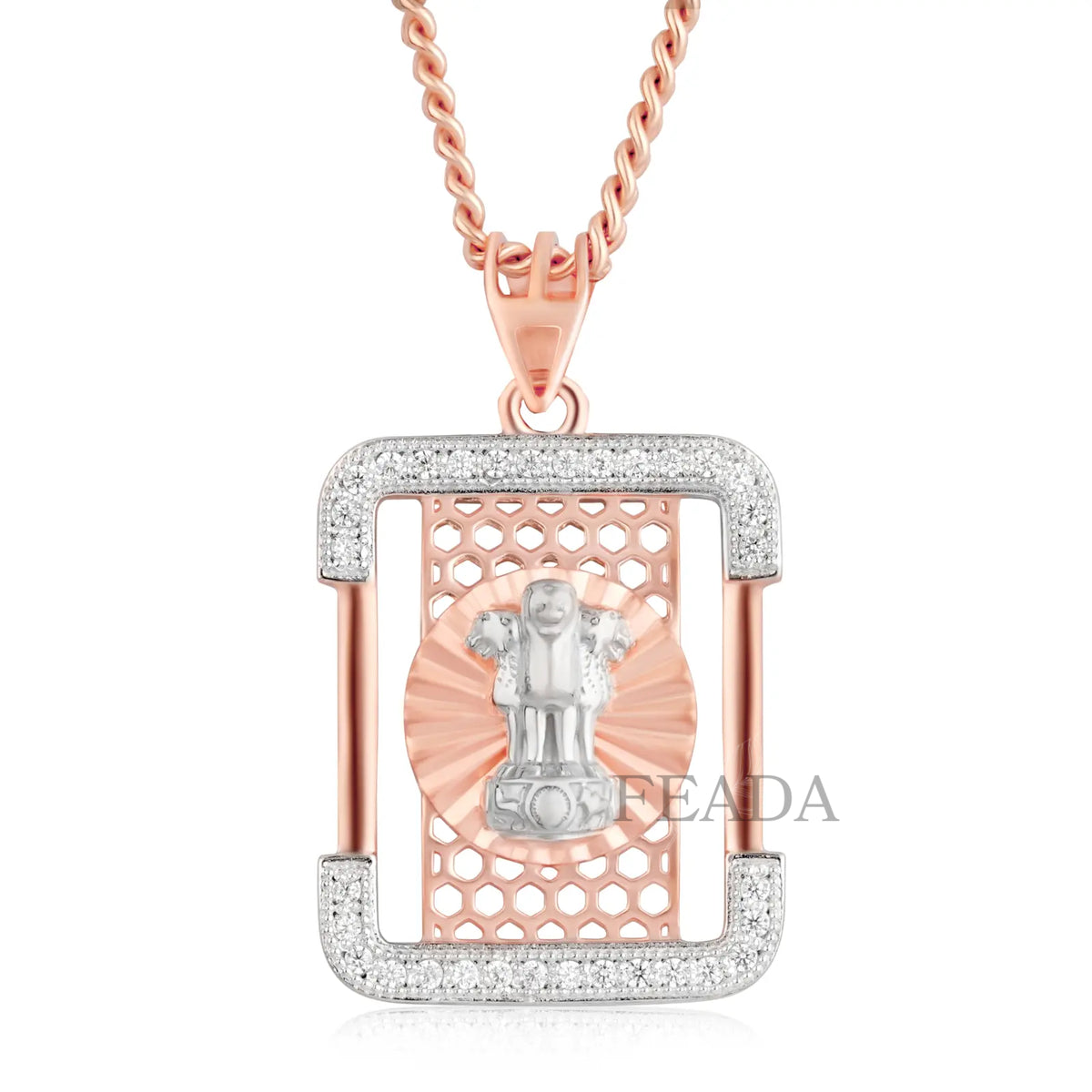 Feada Two Tone Silver State Emblem Of India Diamond Pendant