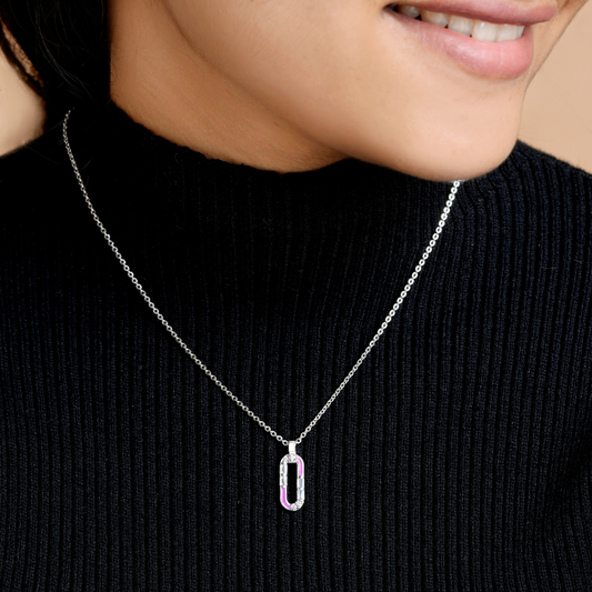Pink Enamel Baguette Silver Zircon Chain & Pendant