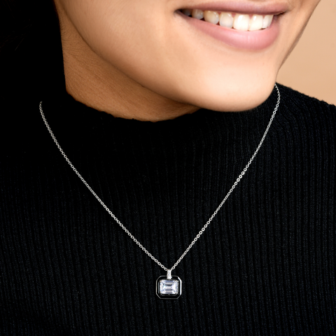 Black Enamel Emerald Silver Zircon Chain & Pendant