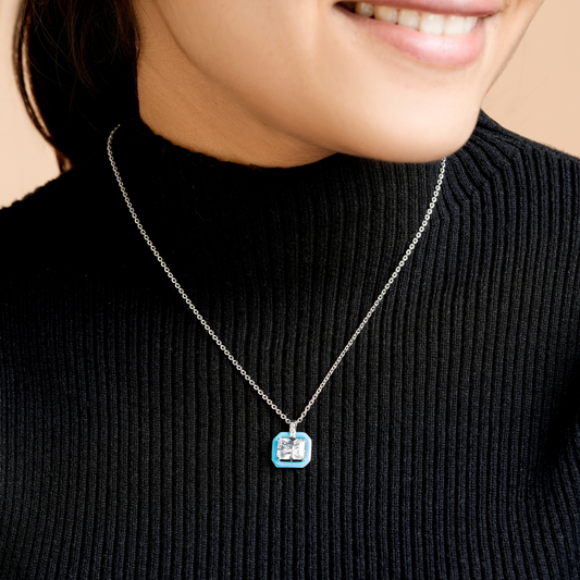 Dark Blue Enamel Silver Zircon Chain & Pendant