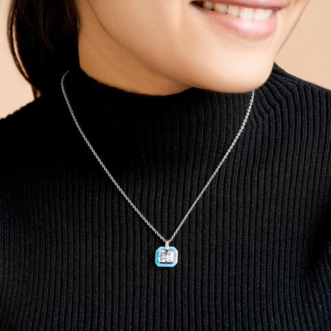 Dark Blue Enamel Silver Zircon Chain & Pendant