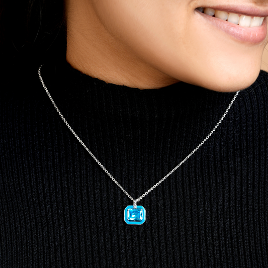 Mystic Blue Enamel Silver Zircon Chain & Pendant