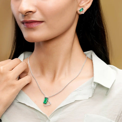 Emerald Cut Green Gemstone Jewelry Set: Modern Avant Garde Necklace & Earrings