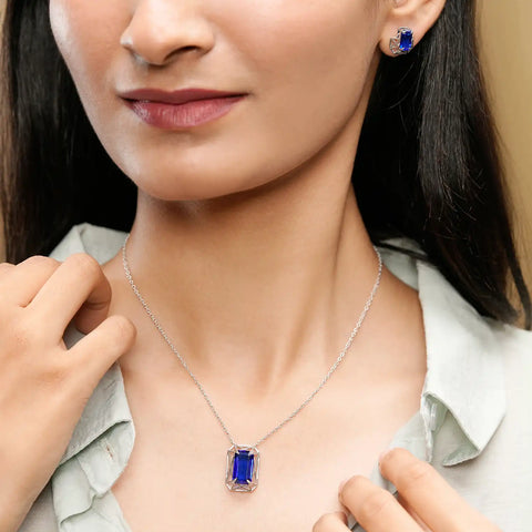 Blue Emerald Cut Gemstone Jewelry Set: Necklace & Earrings in Modern Geometric Design
