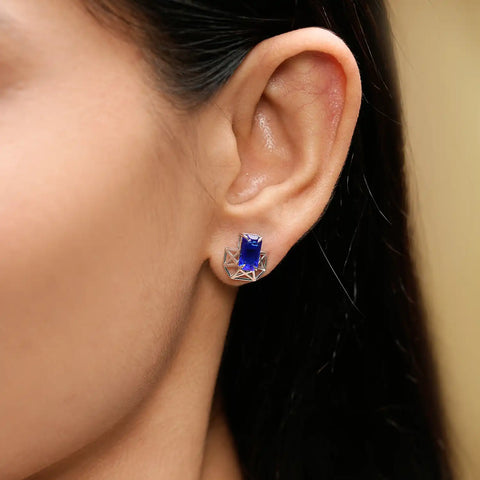 Blue Emerald Cut Gemstone Jewelry Set: Necklace & Earrings in Modern Geometric Design