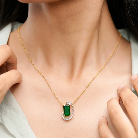 Green Emerald Cut Gemstone Jewelry Set: Art Nouveau Swirl Necklace & Earrings with Diamond Accents