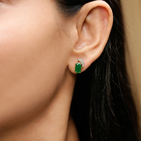 Green Emerald Cut Gemstone Jewelry Set: Art Nouveau Swirl Necklace & Earrings with Diamond Accents