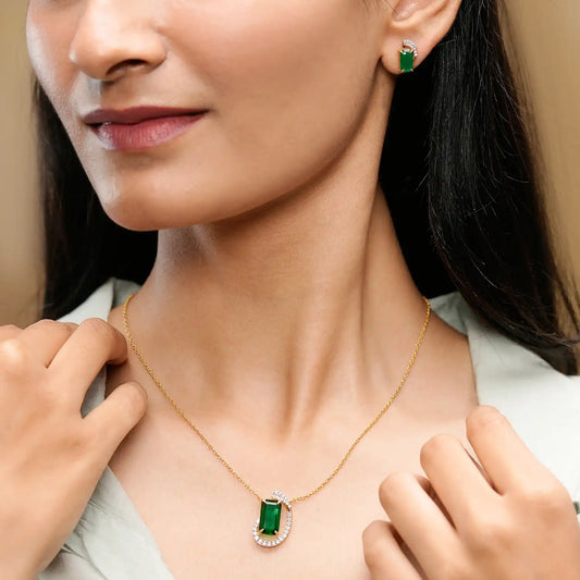 Green Emerald Cut Gemstone Jewelry Set: Art Nouveau Swirl Necklace & Earrings with Diamond Accents