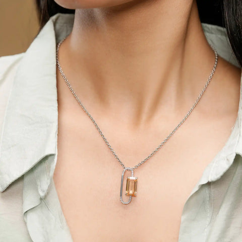 Champagne Emerald Cut Gemstone Jewelry Set: Modern Loop Necklace & Earrings in Silver with Diamond Accents