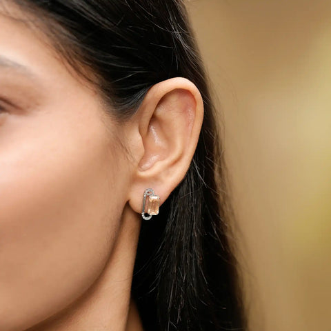 Champagne Emerald Cut Gemstone Jewelry Set: Modern Loop Necklace & Earrings in Silver with Diamond Accents