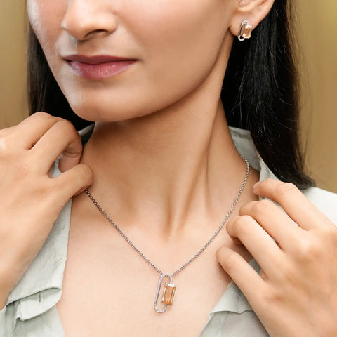 Champagne Emerald Cut Gemstone Jewelry Set: Modern Loop Necklace & Earrings in Silver with Diamond Accents