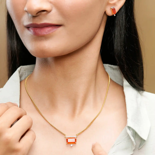 Orange Emerald Cut Gemstone Jewelry Set – Modern Necklace & Earrings in Gold with Diamond Accents