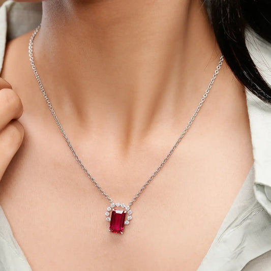 Ruby Red Emerald Cut Gemstone Jewelry Set – Halo Necklace & Earrings in Silver with Diamond Accents