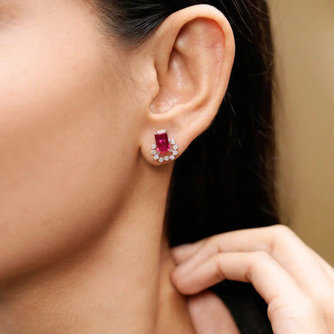 Ruby Red Emerald Cut Gemstone Jewelry Set – Halo Necklace & Earrings in Silver with Diamond Accents