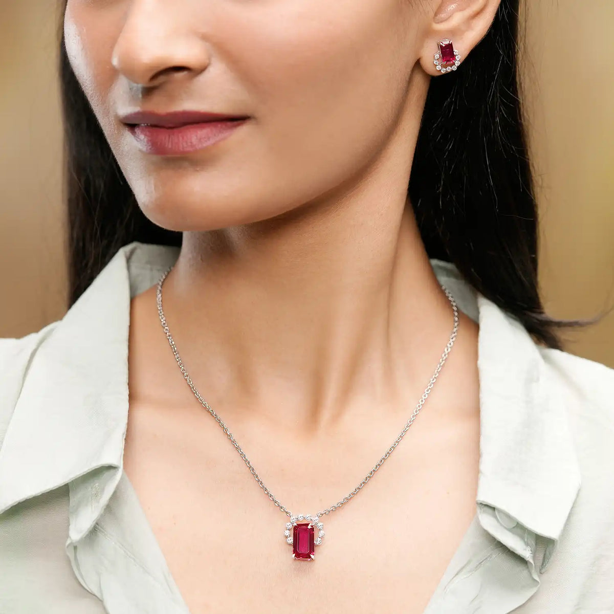 Ruby Red Emerald Cut Gemstone Jewelry Set – Halo Necklace & Earrings in Silver with Diamond Accents