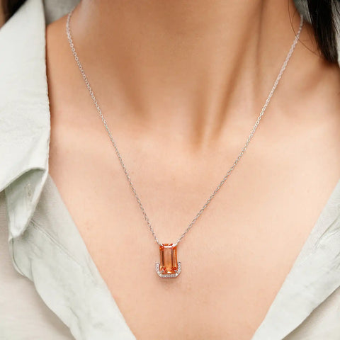 Morganite Peach Emerald Cut Gemstone Jewelry Set – Necklace & Earrings in Silver with Half Halo Diamond Accents