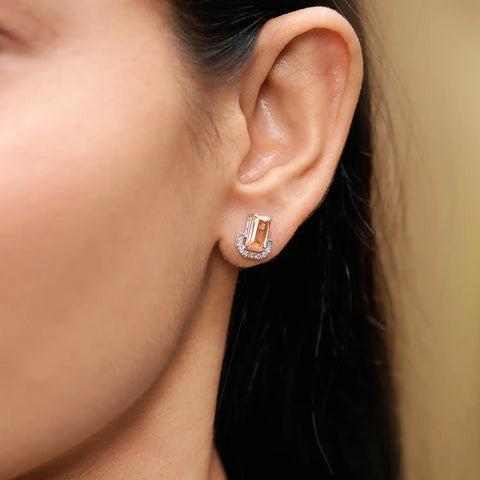 Morganite Peach Emerald Cut Gemstone Jewelry Set – Necklace & Earrings in Silver with Half Halo Diamond Accents