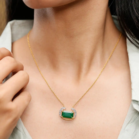 Emerald Green Gemstone Jewelry Set – Emerald Cut Necklace & Earrings in Gold with Diamond Crescent Halo