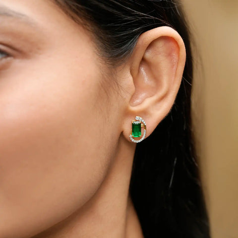 Emerald Green Gemstone Jewelry Set – Emerald Cut Necklace & Earrings in Gold with Diamond Crescent Halo