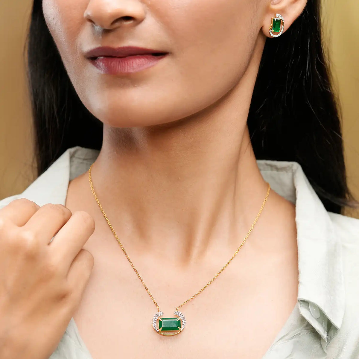 Emerald Green Gemstone Jewelry Set – Emerald Cut Necklace & Earrings in Gold with Diamond Crescent Halo