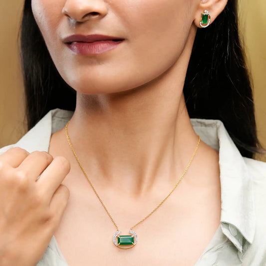 Emerald Green Gemstone Jewelry Set – Emerald Cut Necklace & Earrings in Gold with Diamond Crescent Halo