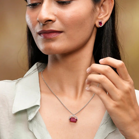Ruby Red Gemstone Jewelry Set – Emerald Cut Necklace & Earrings in Silver with Diamond Half Halo