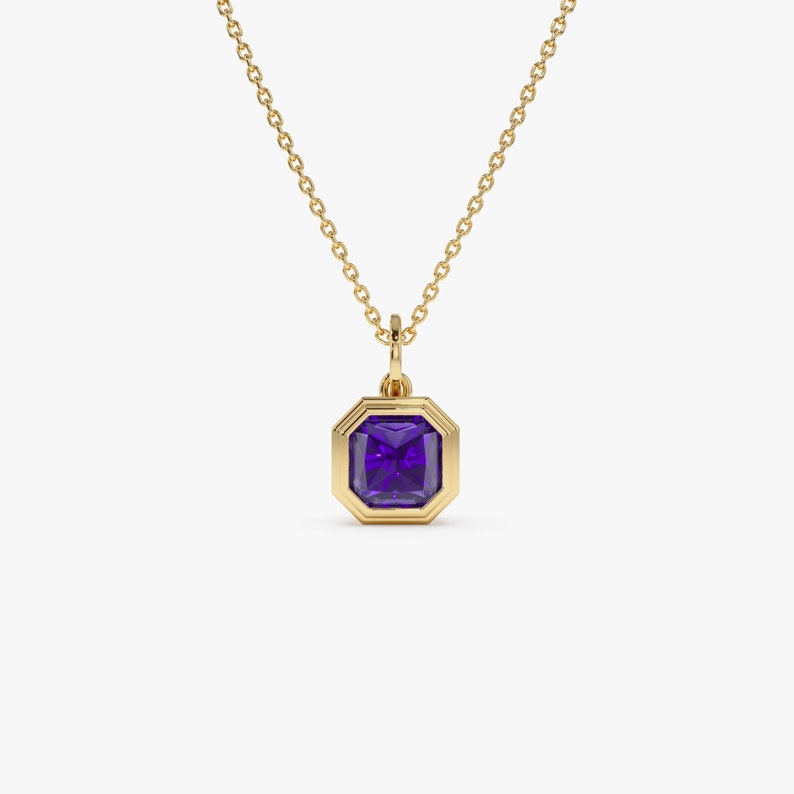 6 MM Asscher Cut Bezel Set Amethyst Necklace, Amethyst Birthstone Necklace, Dainty Solitaire Layering Necklace, Birthday Gift