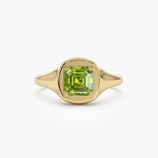 6 MM Asscher Cut Peridot Signet Ring, Octagon Shape Dainty Statement Ring, Minimalist Handmade Solitaire Promise Ring