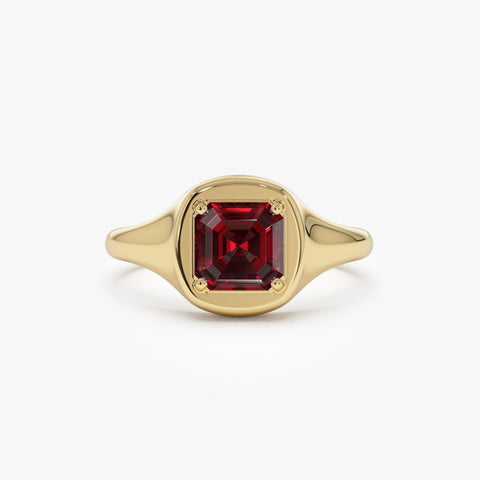 6 MM Asscher Cut Garnet Signet Ring, Octagon Shape Dainty Statement Ring, Minimalist Handmade Solitaire Promise Ring