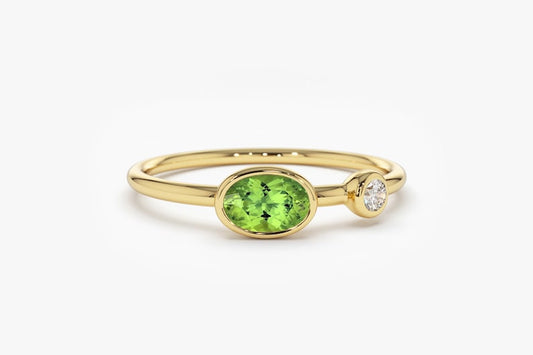 6x4 MM Peridot Ring / Peridot Ring with Diamond / Oval Shape Bezel Setting Peridot ring with Diamond / August Birthstone Ring