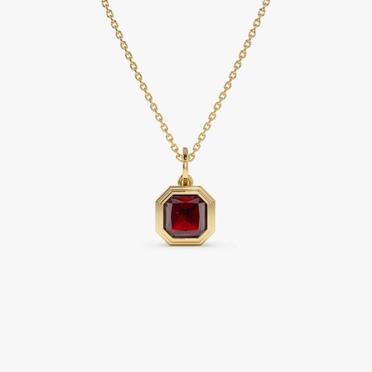 6 MM Asscher Cut Bezel Set Garnet Necklace, Garnet Birthstone Necklace, Dainty Solitaire Layering Necklace, Best Birthday Gift