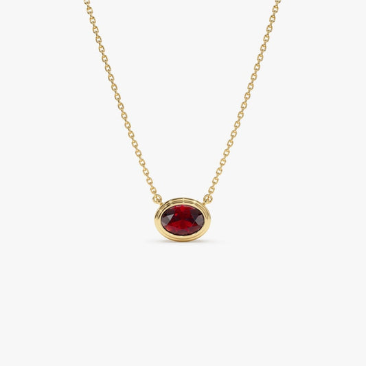 7x5 MM Oval Shape Bezel Set Garnet Necklace, East to West Solitaire Dainty Necklace, Minimalist Birthstone Layering Necklace