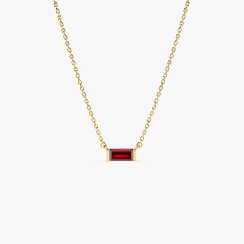 6x3 MM Garnet Necklace, Solid Gold Baguette-Cut Garnet Birthstone Necklace,Garnet Layering Necklace, Dainty January Birthday Gift