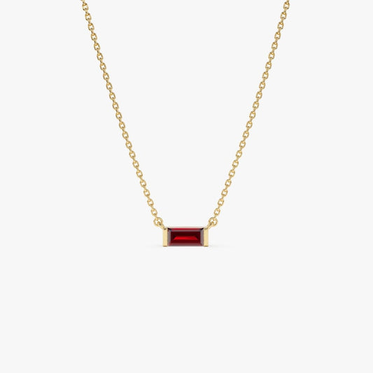 6x3 MM Garnet Necklace, Solid Gold Baguette-Cut Garnet Birthstone Necklace,Garnet Layering Necklace, Dainty January Birthday Gift