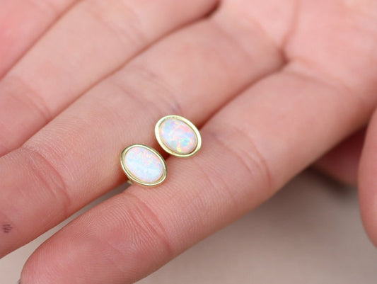 White Opal Stud Earrings, Dainty Earrings