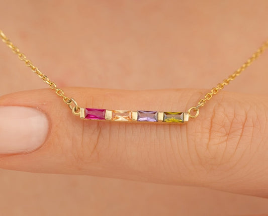 Family Birthstone Baguette Diamond Necklace, Birth Stone Necklace, Mothers Necklace