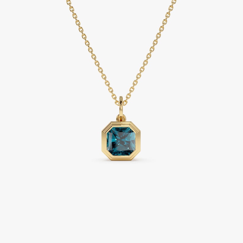 6 MM London Blue Topaz Necklace, Asscher Cut Bezel Set London Blue Topaz Pendant ,  Birthstone Necklace,  Layering Necklace